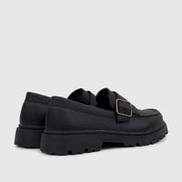 Klevas Boys Youth Chunky Sole Loafer K7939Y, black with a textured upper and a brass-toned buckle, viewed from the back and
