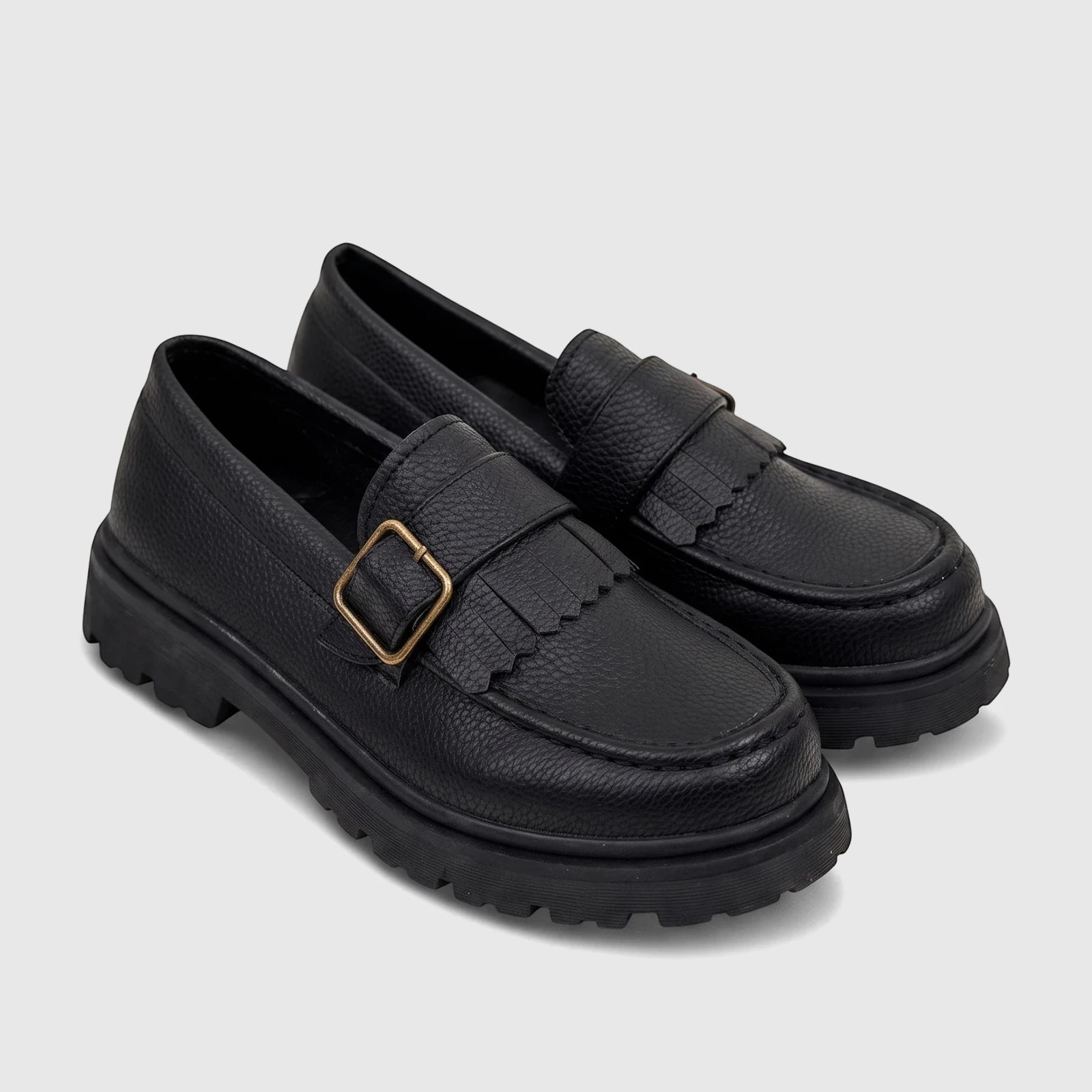 Black Klevas Youth chunky sole loafers K7939Y Nation KC12, textured, fringed strap and brass buckle.