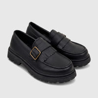 Black Klevas Youth chunky sole loafers K7939Y Nation KC12, textured, fringed strap and brass buckle.
