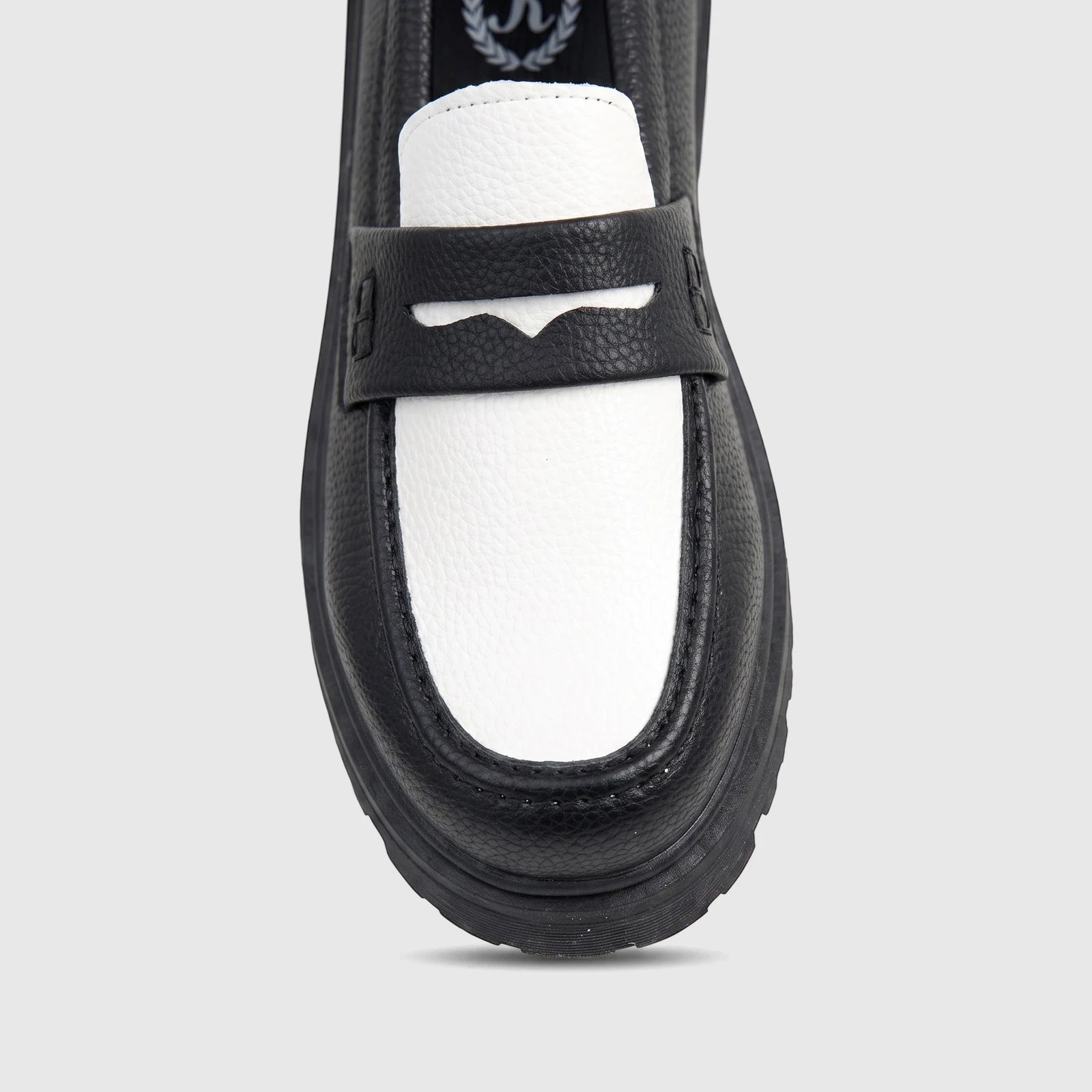 Klevas Boys Youth Chunky Sole Loafer in black and white faux leather, front view.