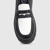 Klevas Boys Youth Chunky Sole Loafer in black and white faux leather, front view.