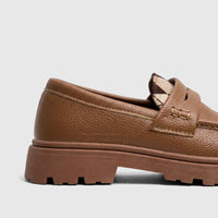 Klevas Boys Youth chunky sole loafer in bowling tan color, side view showcasing the pebbled leather texture.