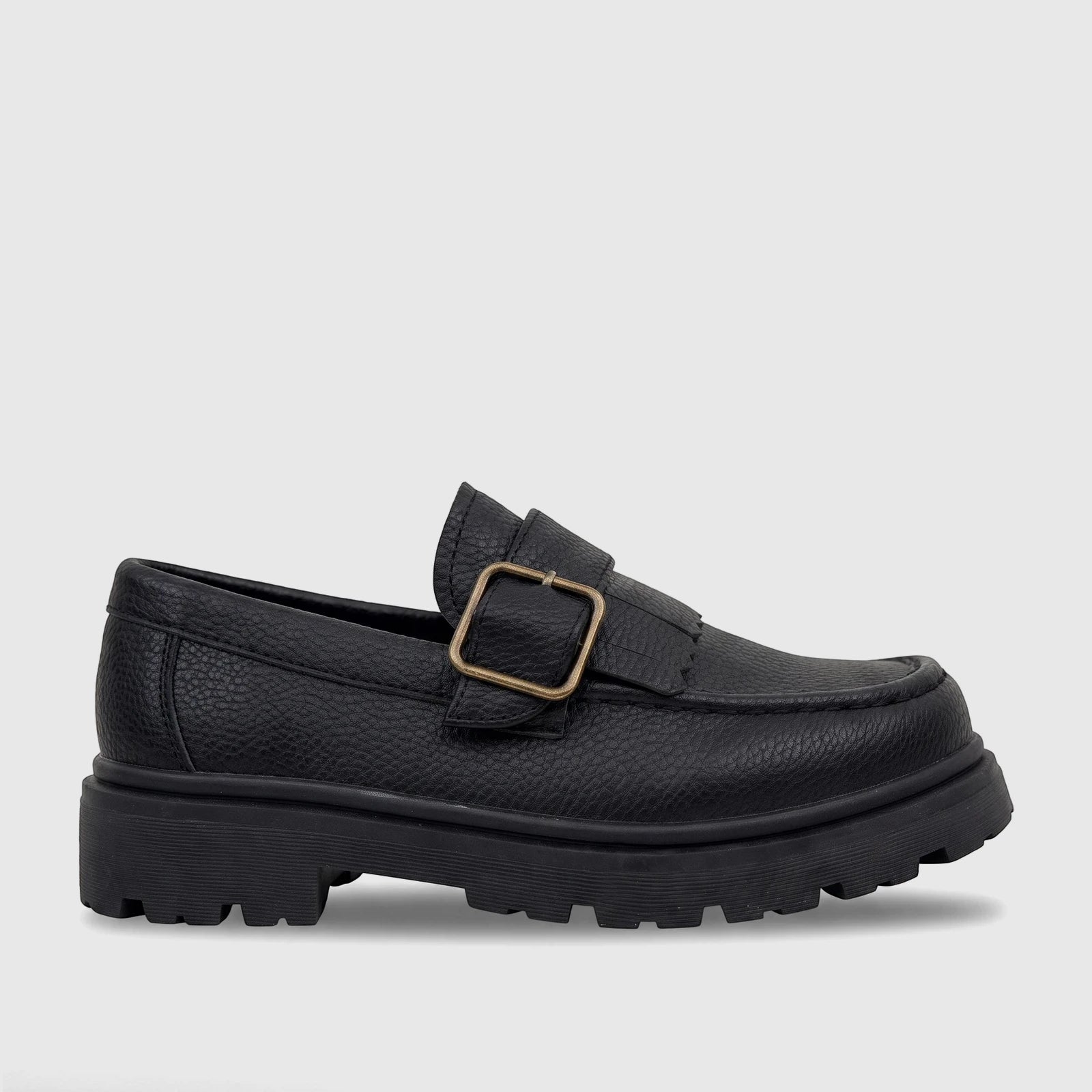 Black chunky sole loafer with a gold buckle and textured upper, displayed from a side profile for youth.