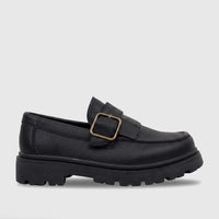 Black chunky sole loafer with a gold buckle and textured upper, displayed from a side profile for youth.