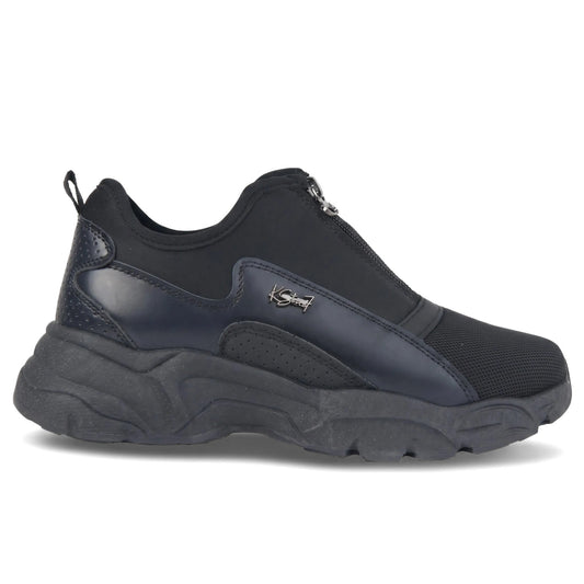 Klevas Ladies Sneaker K7726L Velvet Black Mono KL19, black slip-on sneaker with zip front and chunky sole, side view.