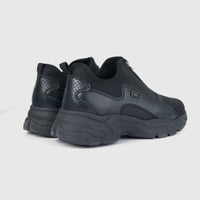 Klevas Ladies Sneaker K7726L Velvet Black Mono, rear side view showing black upper with perforated panels and chunky sole.