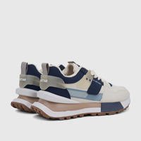 Pair of Klevas Men's Casual Sneaker Ice K7623M shoes in beige and blue with a chunky sole, viewed from a rear-side angle.