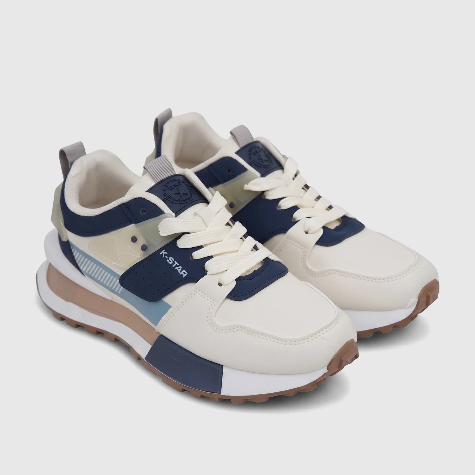 Klevas Men's Casual Sneaker Ice K7623M in beige and blue, with multi-panel design and white laces, shown from an elevated