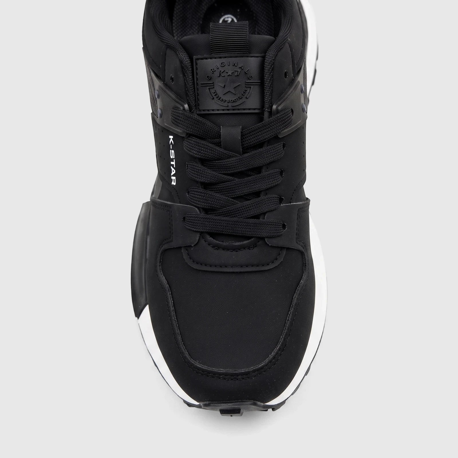 Black Klevas Men's Casual Sneaker Ice K7622M with white sole, black laces, and K-STAR logo, shown from a top-down view.