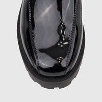 Close-up top view of a Klevas Men's Chunky Sole Loafer Addison K8069M in black patent leather, showcasing its glossy finish