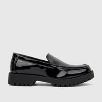Black patent chunky sole loafer for men from Klevas, shown in a side profile view, highlighting its glossy finish and lug