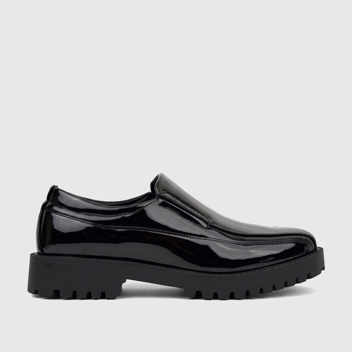 Black Klevas Men's Chunky Sole Loafer Addison shoe, made of glossy patent leather, visible in a side profile.