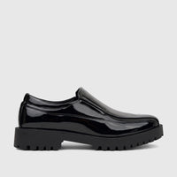 Black Klevas Men's Chunky Sole Loafer Addison shoe, made of glossy patent leather, visible in a side profile.