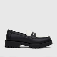 Klevas men's chunky sole loafer in black and white textured leather with a lug sole, shown in a side profile.
