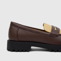 Klevas Men's Chunky Sole Loafer Lufiano K8195M, showcasing the brown pebbled leather and beige accent, with a rugged black
