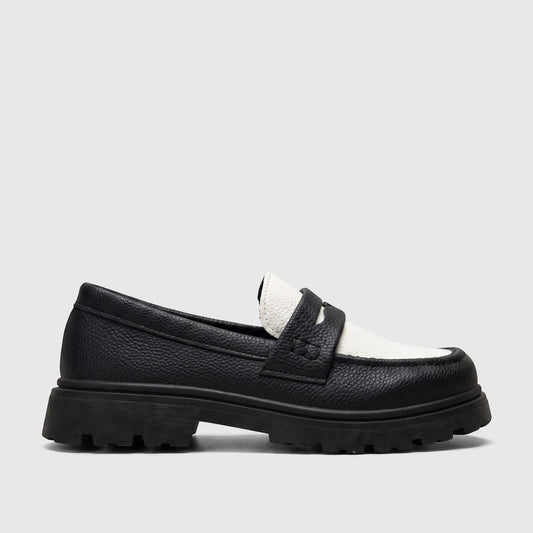 Black and white Klevas Youth chunky sole loafer with a classic saddle strap, shown in a side profile view.