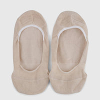 A pair of beige ladies' bamboo invisible socks, flat lay, showcasing their knitted texture and low-cut design.