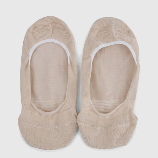 Ladies beige bamboo invisible socks in their retail packaging, displayed as a flat lay on a surface.