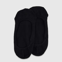 Two black ladies' bamboo invisible socks, laid flat, showcasing their no-show design and soft fabric texture.