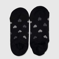 Pair of ladies black bamboo invisible socks with a grey heart pattern, displayed flat on a surface.