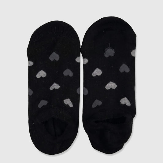 A single black ladies bamboo invisible sock with subtle grey heart patterns, laid flat on a surface.