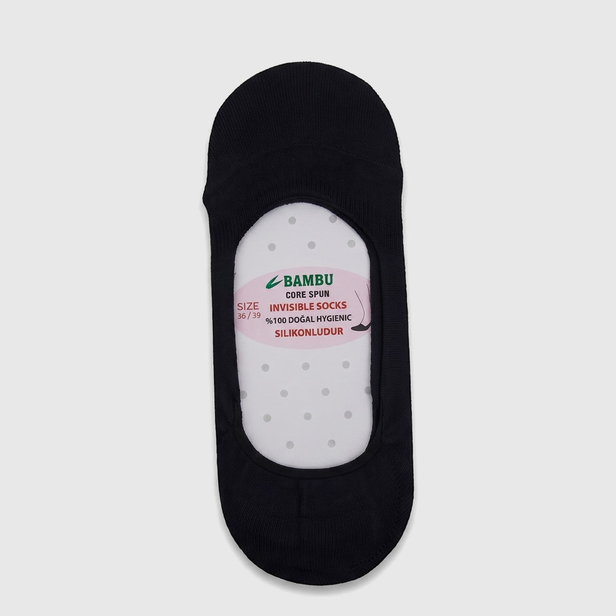 Navy blue bamboo invisible socks on a retail card, displaying brand and size details for ladies.