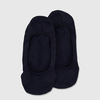 Pair of navy blue ladies bamboo invisible socks, also known as no-show socks, for UK shoe sizes 2 to 6.