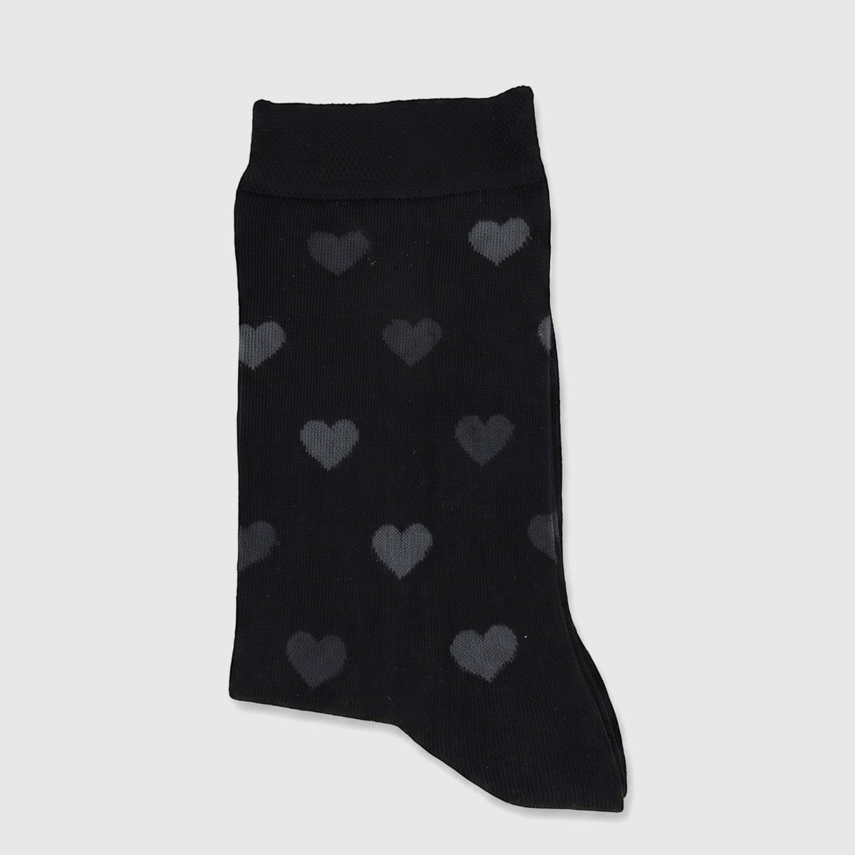 Black bamboo ladies' sock featuring a subtle grey heart pattern, displayed flat against a white background.