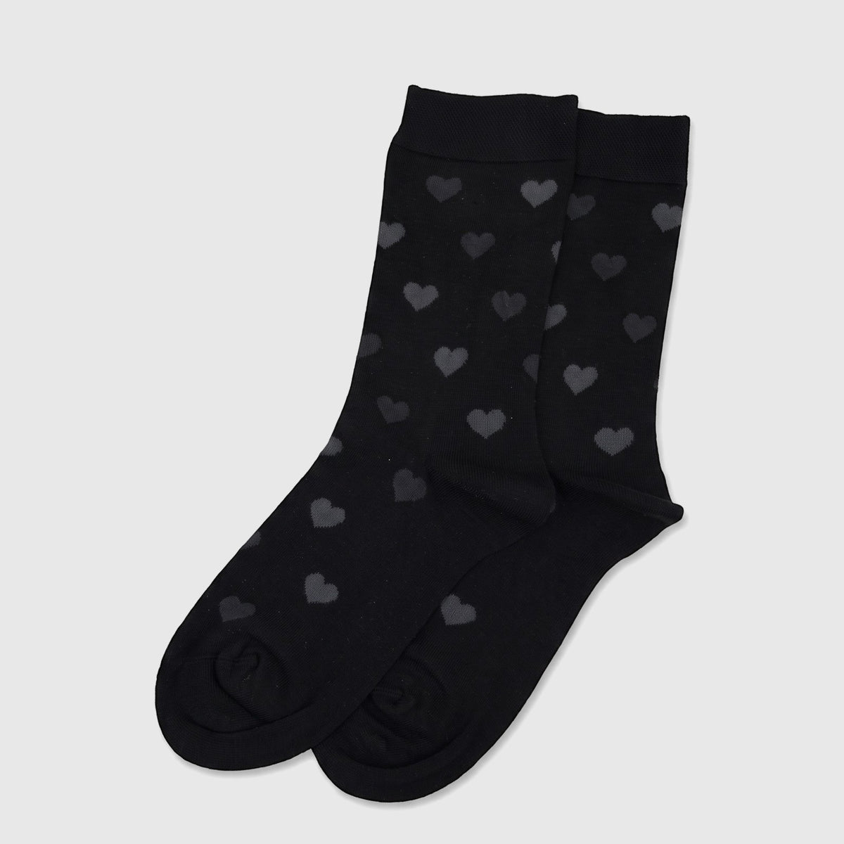 A pair of black ladies bamboo socks with a subtle gray heart pattern, neatly arranged side-by-side on a clean surface.