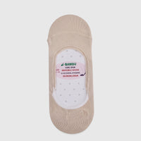 Ladies beige bamboo invisible socks in their retail packaging, displayed as a flat lay on a surface.