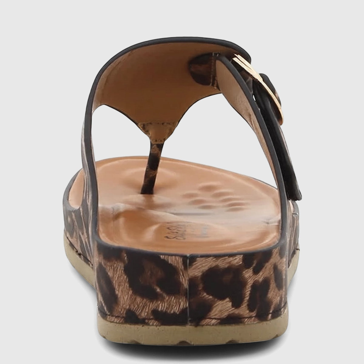 Ladies HP Soft Style Tanya comfort sandal with a leopard print design and a platform sole, viewed from the back.