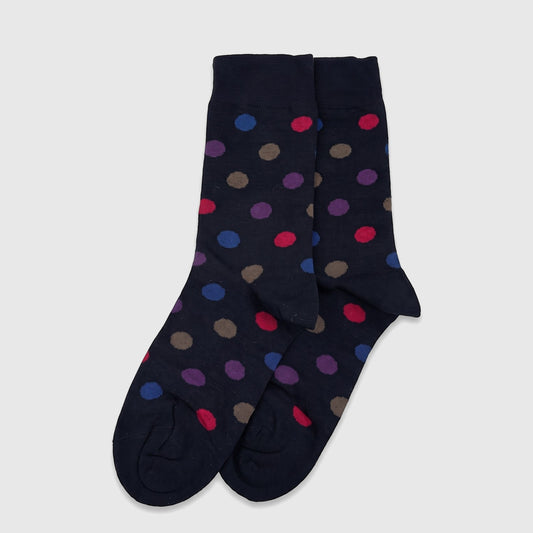 Ladies navy pure cotton socks with multicolored polka dot pattern in a flat lay studio shot.