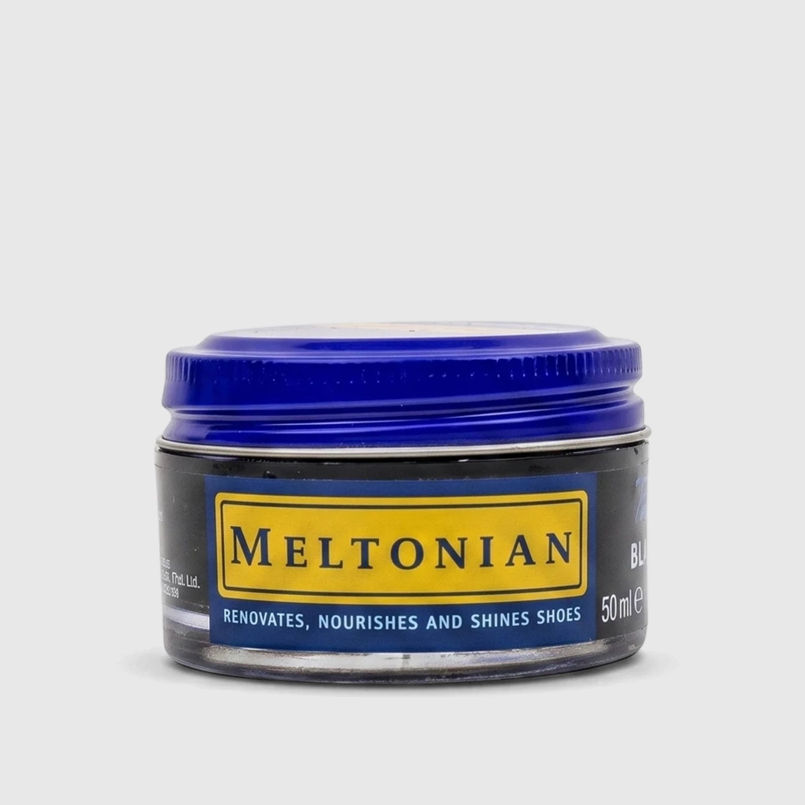 Meltonian Shoe Cream Black 50ml jar for leather care; compact bottle with blue lid and yellow label