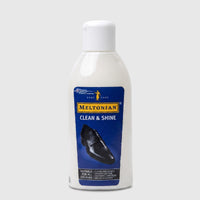 Meltonian Clean & Shine shoe polish for all colors, in a white 150ml plastic bottle with a blue label depicting a black