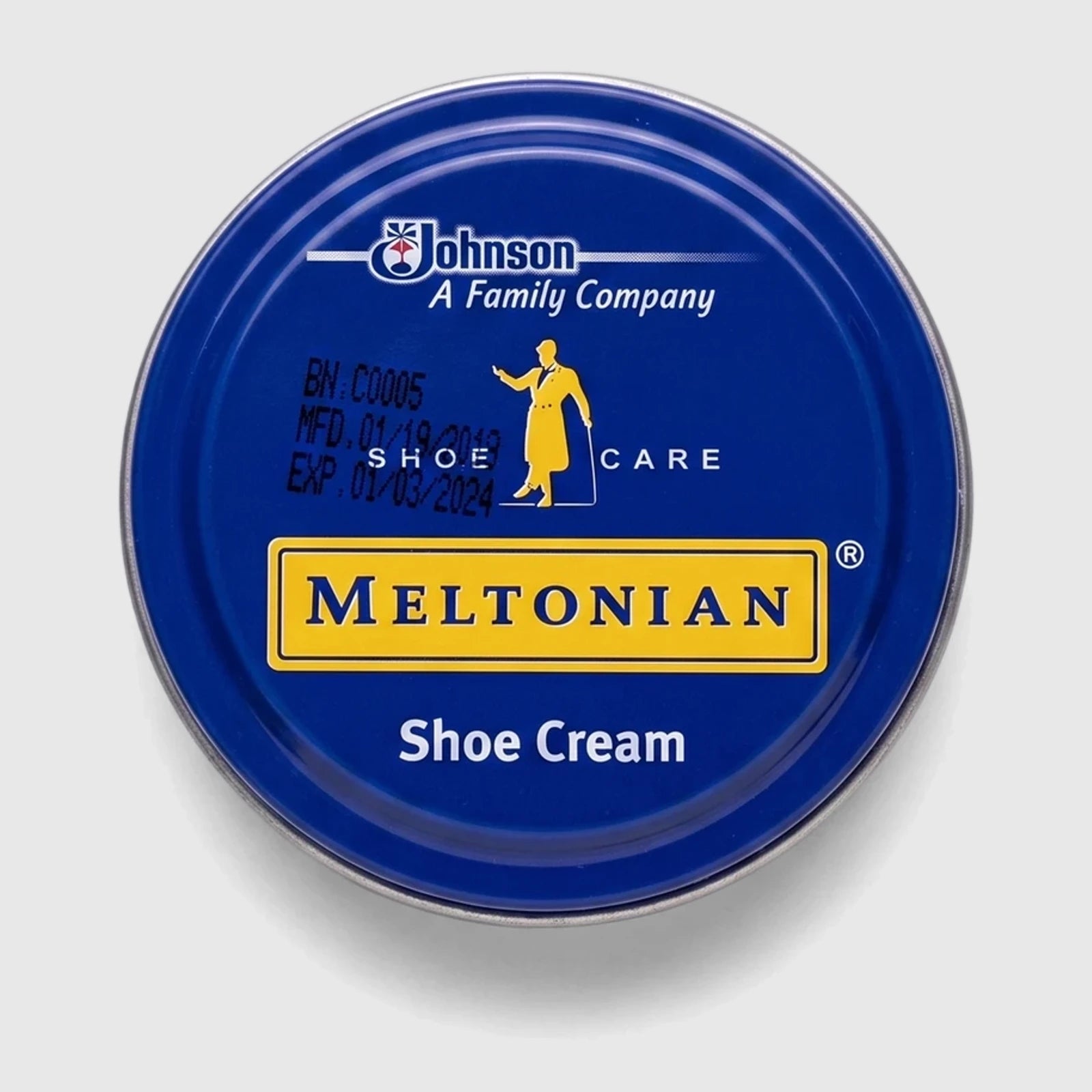 Meltonian Shoe Cream Black 50ML in a blue circular tub with a yellow label, viewed from above, designed for shoe care.