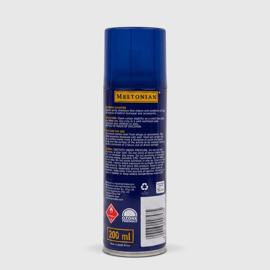 Meltonian Sneaker Shampoo in a blue spray can, designed for cleaning and conditioning all types of leather footwear and
