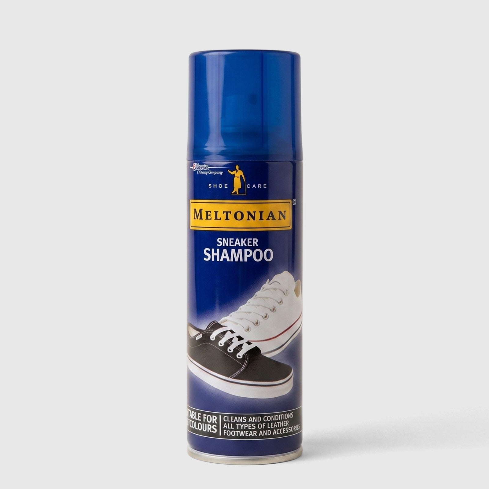 Meltonian Sneaker Shampoo in a blue spray can, designed for cleaning and conditioning all types of leather footwear and