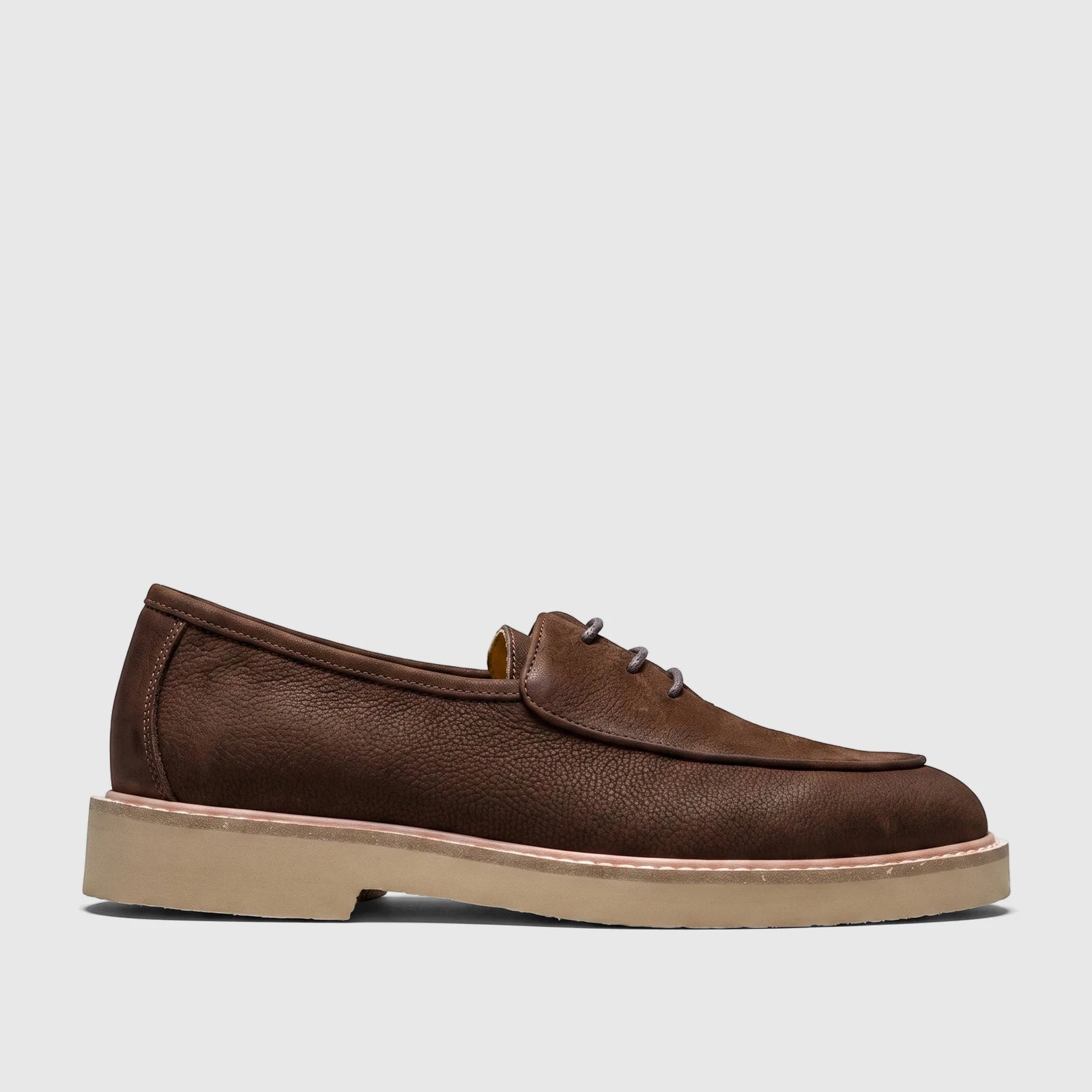 Men's Bulletti Monarch Brown leather lace-up shoe with a chunky beige sole, viewed from the side on a white background.