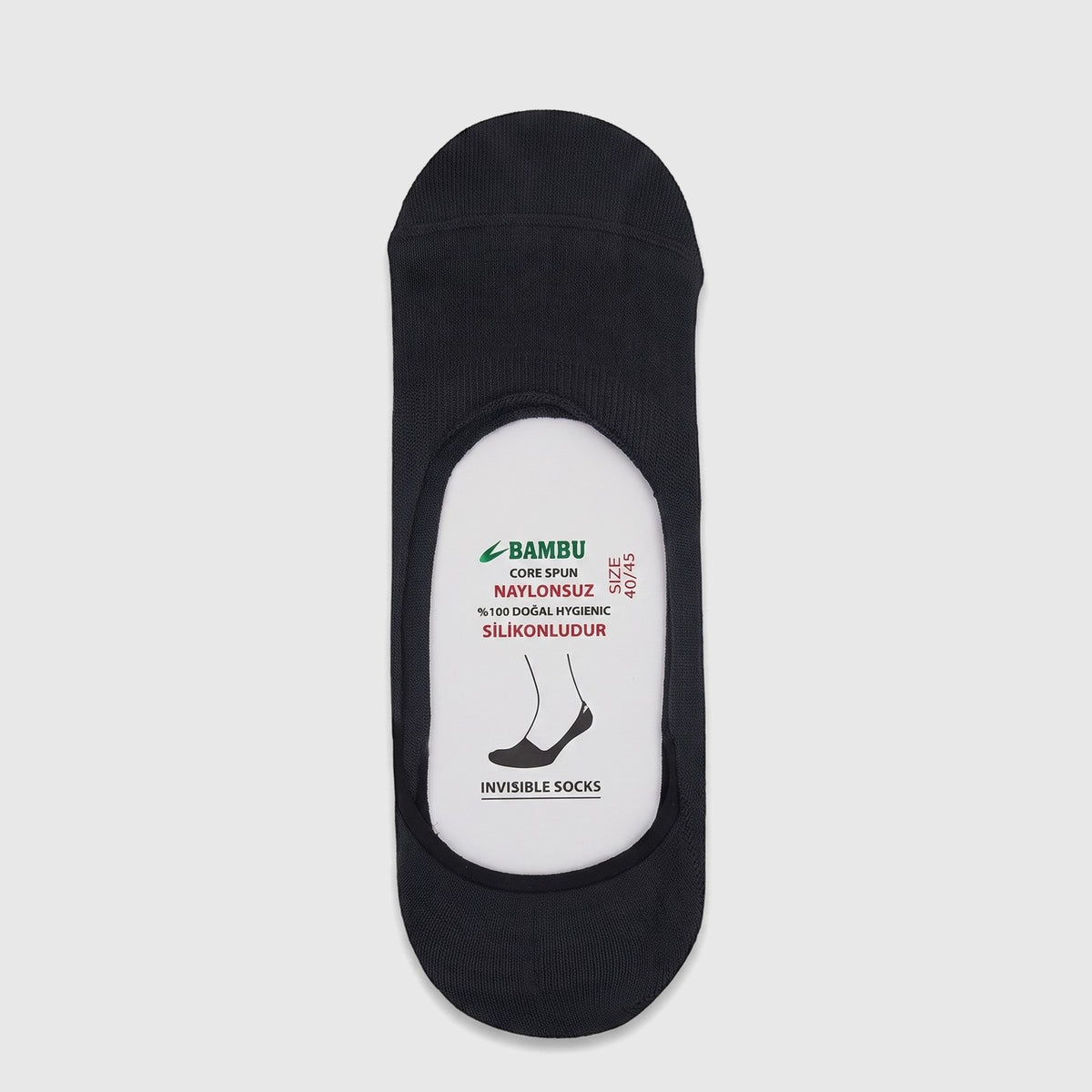 A single smokey grey men's bamboo invisible sock, with a white label insert detailing its features and size, is displayed in