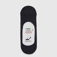 A single smokey grey men's bamboo invisible sock, with a white label insert detailing its features and size, is displayed in