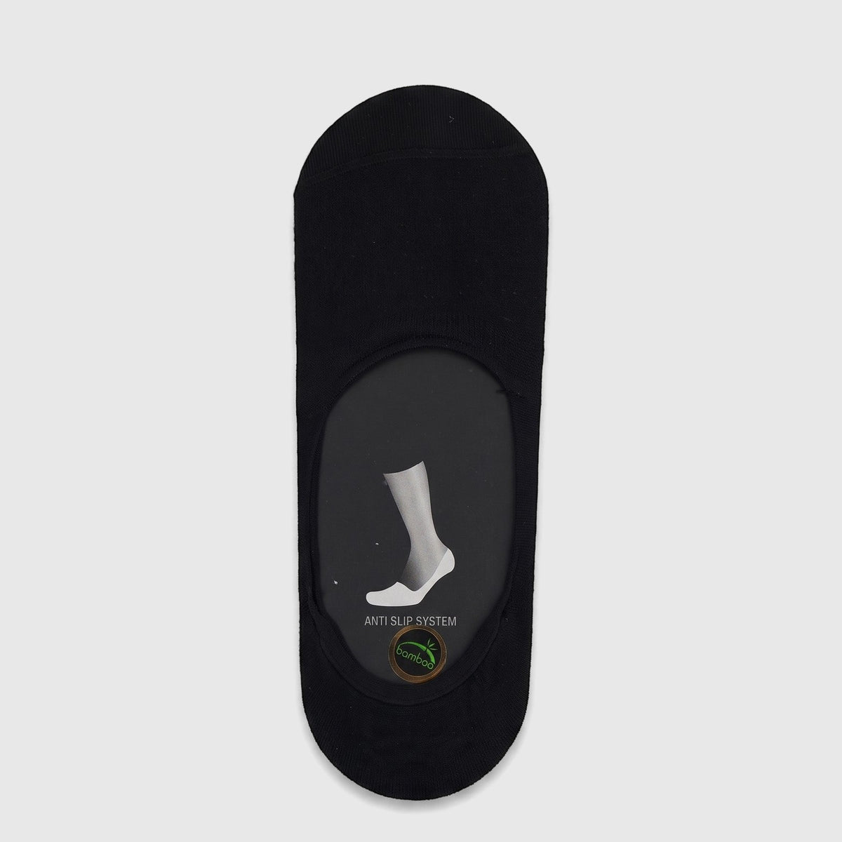 A single black men's bamboo invisible sock, designed for no-show wear, featuring an anti-slip system and bamboo branding.