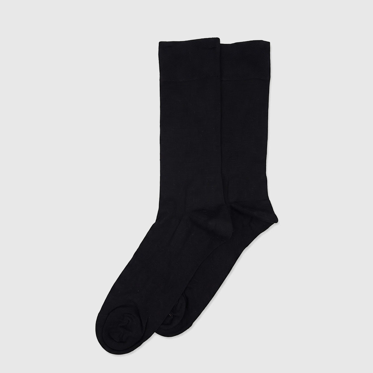 Pair of men's black bamboo pure cotton crew socks, size UK11 to UK14, displayed flat on a white surface.