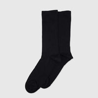 Pair of men's black bamboo pure cotton crew socks, size UK11 to UK14, displayed flat on a white surface.