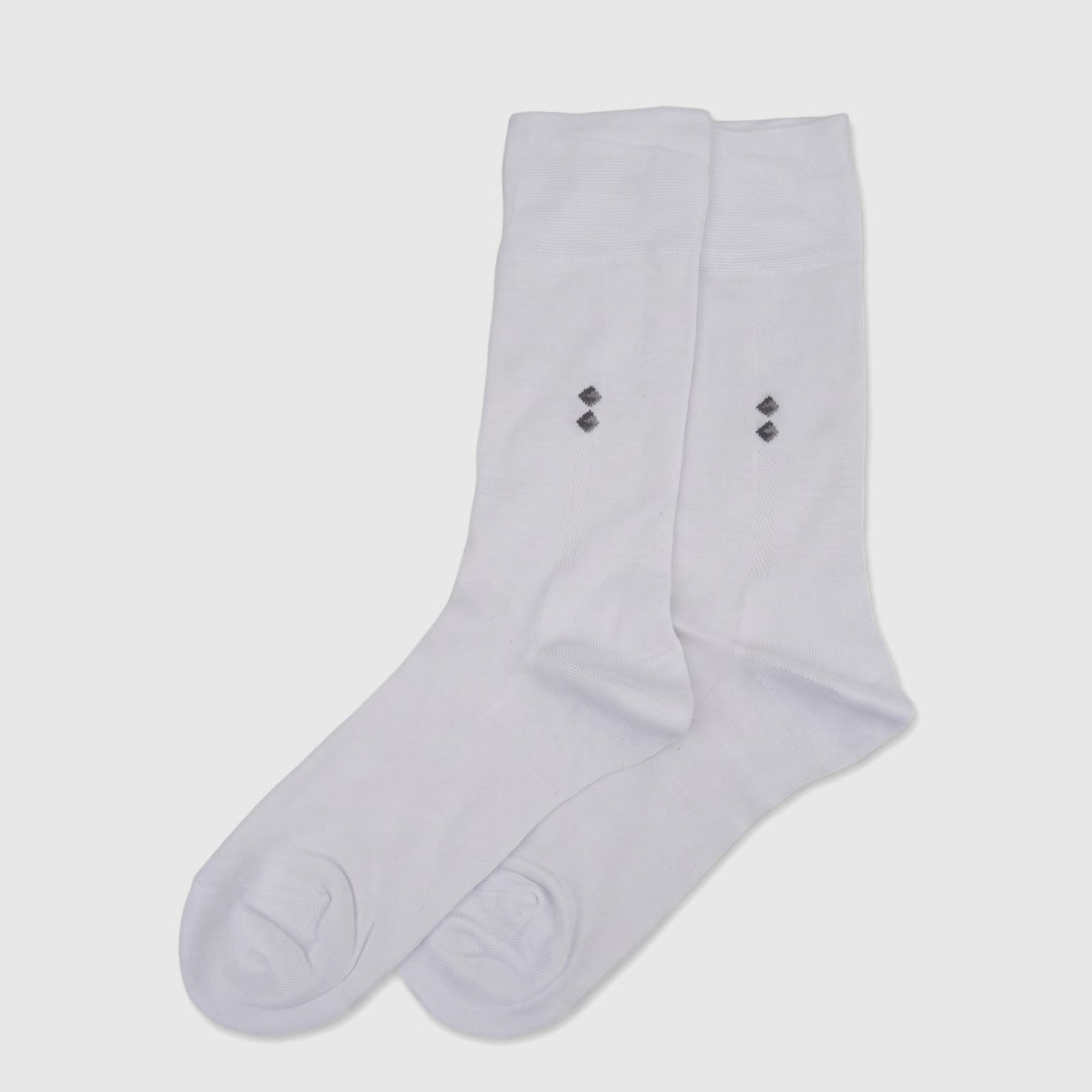 Pair of white Men's Bamboo Socks, UK size 6 to 11, with a subtle dark diamond pattern on the ankle, presented in a flat-lay