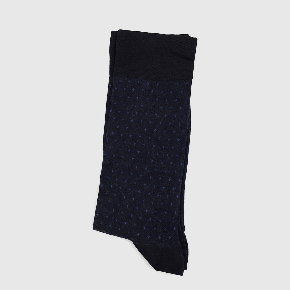 A single folded men's navy blue bamboo sock, featuring a subtle light blue cross pattern, laid flat for display.