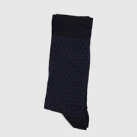 A single folded men's navy blue bamboo sock, featuring a subtle light blue cross pattern, laid flat for display.