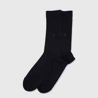 A pair of men's black mercerised bamboo socks, flat-laid with ribbed cuffs and a small embroidered logo, for UK shoe sizes 6