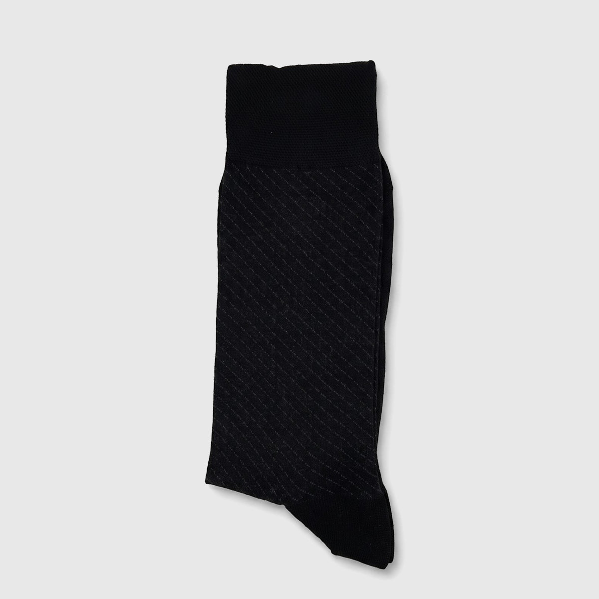 Single men's black micro modal sock with subtle diagonal stripes, laid flat on a surface.