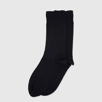 A pair of black men's micro modal socks, featuring ribbed cuffs, presented in a flat-lay on a clean surface.