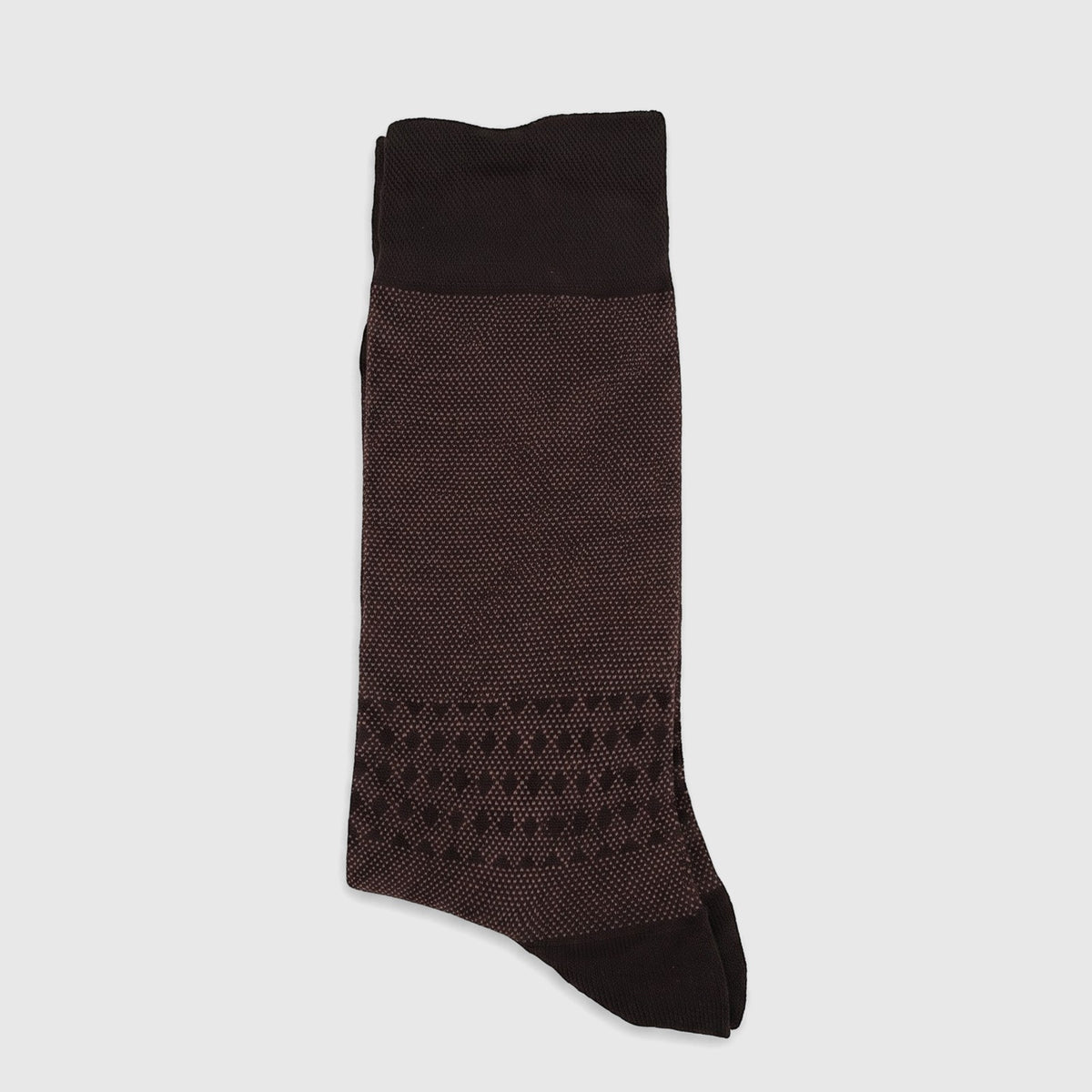 A single brown knitted men's modal sock in UK size 7 to 10, featuring a subtle diamond pattern, laid flat.